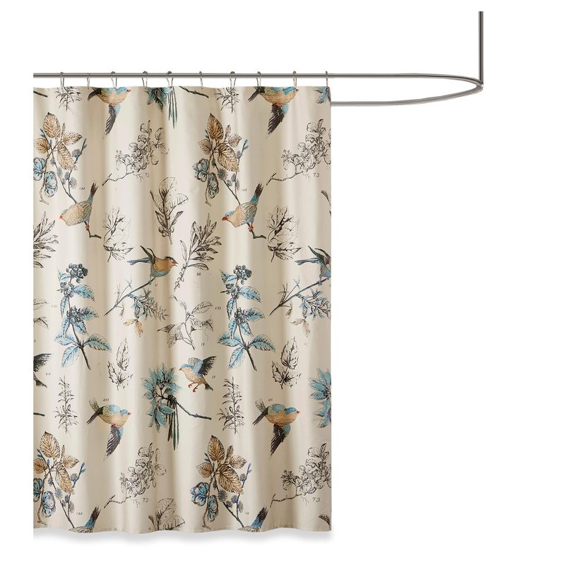 Madison Park Shower Curtain, Bird & Leaf Print, Farmhouse Shower Curtain for Bathroom, Modern Country Bathroom Décor, Machine Washable, Cotton Shower Curtain, Quincy, 72x72" Khaki