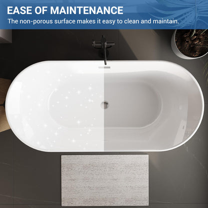 GarveeLife 59 Inch Freestanding Bath Tub Acrylic Oval Soaking Tub – Extra Large Freestanding Bathtub for Modern Bathroom Remodel, Integrated Overflow, Glossy White Finish