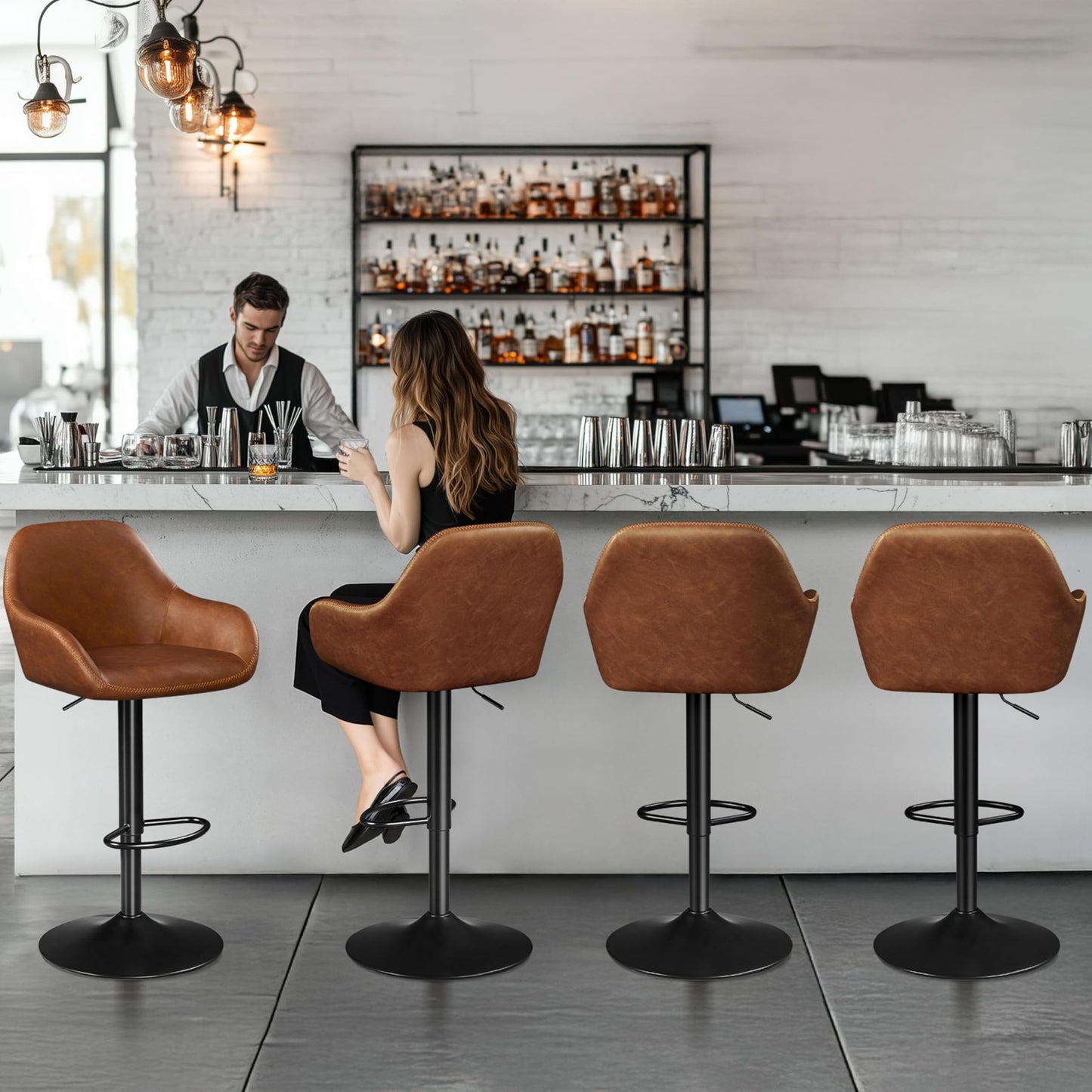 Yaheetech Bar Stools Set of 4, PU Leather Swivel Counter Height Barstools, Adjustable Bar Chairs with Backrest and Footrest, Kitchen Island Stool for Home Kitchen, Retro Brown