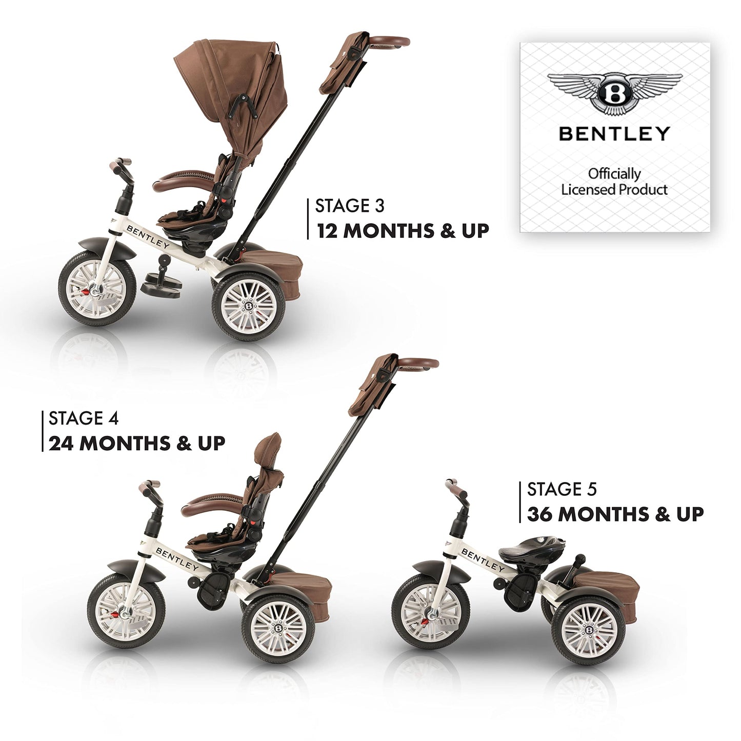 Bentley 6-in-1 Baby Stroller & Toddler Tricycle – Officially Licensed Luxury Kids Bike, Convertible Travel Strollers & Kid Trike with Air Wheels, Canopy & Safety Features (6m-5y+ | White Satin)