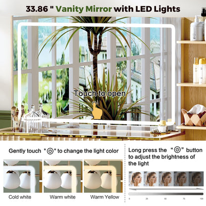 GRUTEUNIT 51" Vanity Desk with Power Outlet, Makeup Vanity with Mirror and Lights, 3 Lighting Modes, Vanity Table with Glass Top, 5 Drawers, and Jewelry Storage,Oak