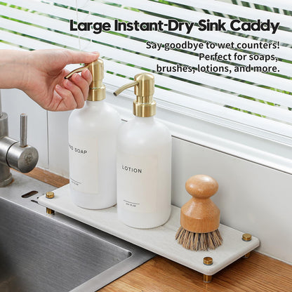 Razborci Water Absorbing Stone Sink Caddy Kitchen Sink Organizer Tray, Diatomite Bathroom Counter Tray, Gold Faucet Drying Mat Coaster Soap Dish Rack Riser Dispenser Sponge Holder, Beige 12.5" x 4.5"