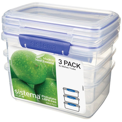 Sistema KLIP IT Rectangular Collection Food Storage Container, 33.8 oz./1.0 L, Clear/Blue, 3 Count