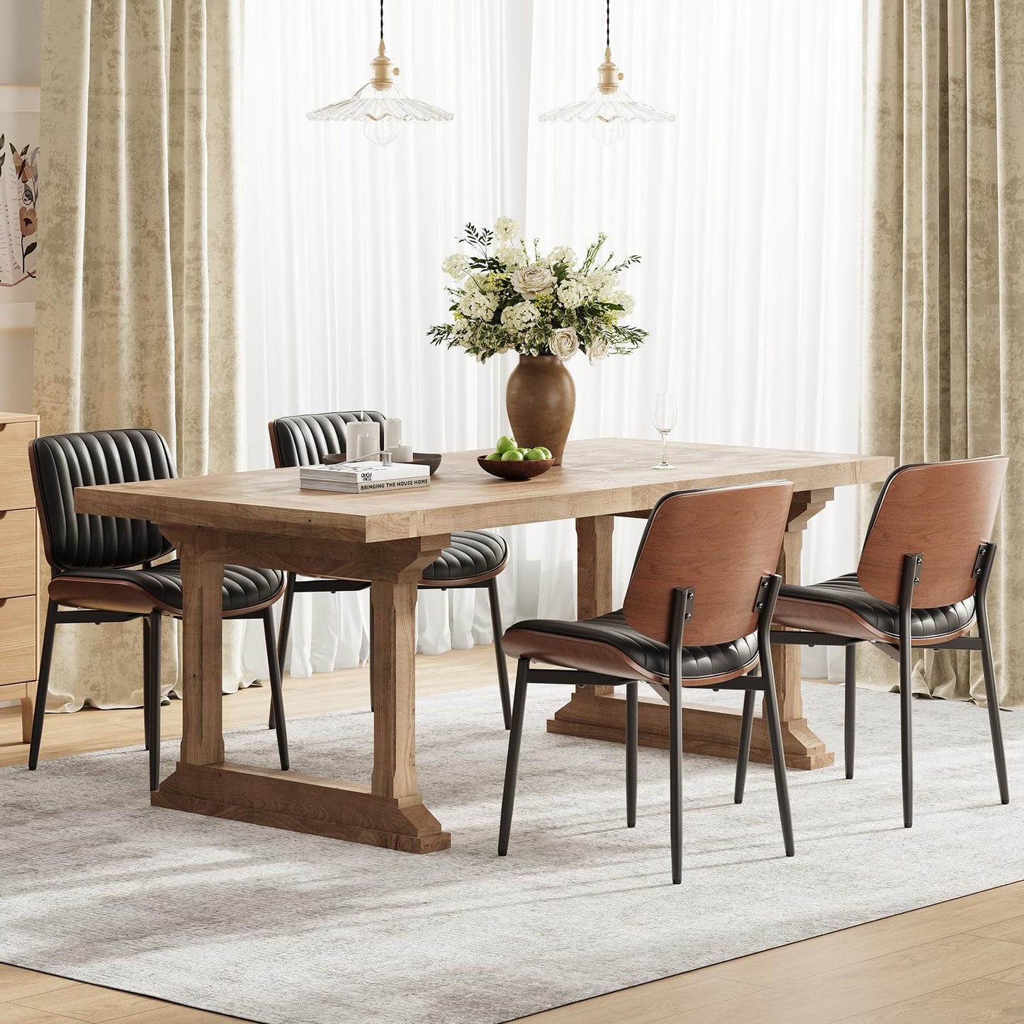 MALOL Leather Dining Chairs Set of 4, Modern Upholstered Dining Room Kitchen Chairs with Metal Legs and Wooden Back Support for Home Dining Room/Restaurant, Black