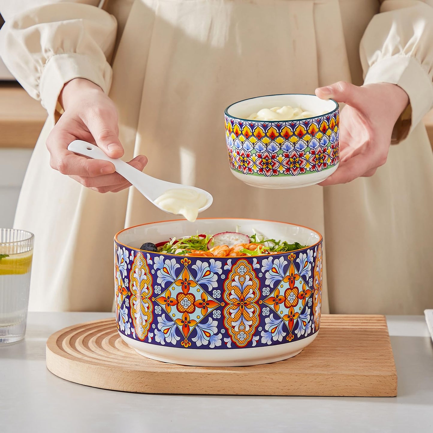 vancasso Serving Bowls with Lids Set of 4, Ceramic Nesting Mixing Bowls for Food Storage, Prep and Stackable, Dishwasher & Microwave Safe Gift Set, 60/36/20/10 OZ, Series SIMI