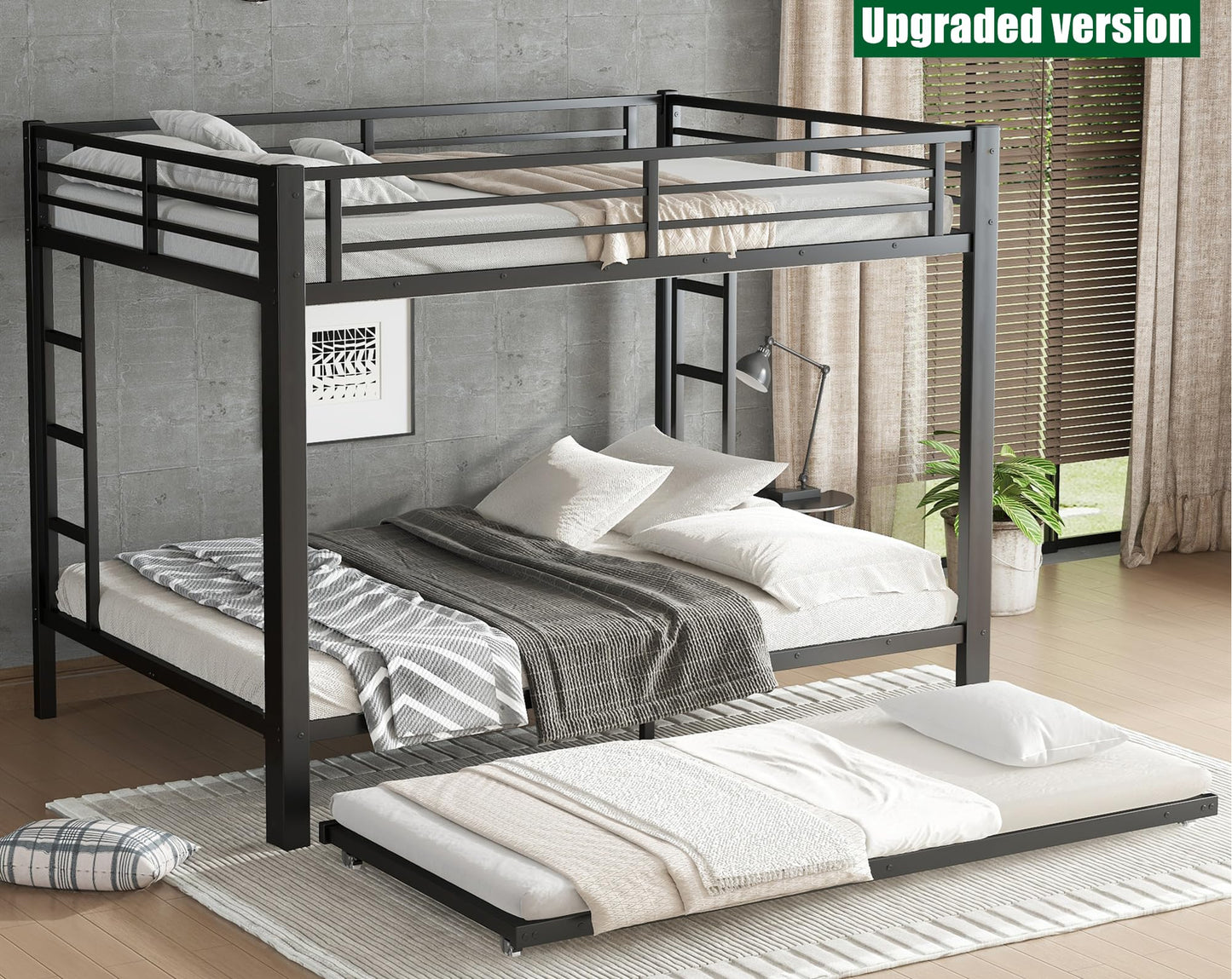 AOOMEEC Higher Quality & Stronger Metal Bunk Bed Queen Over Queen Size Bunkbed Frame, Thickened Heavy Duty More Stable Steel Bunk Bed with Twin Size Trundle (Queen Over Queen)