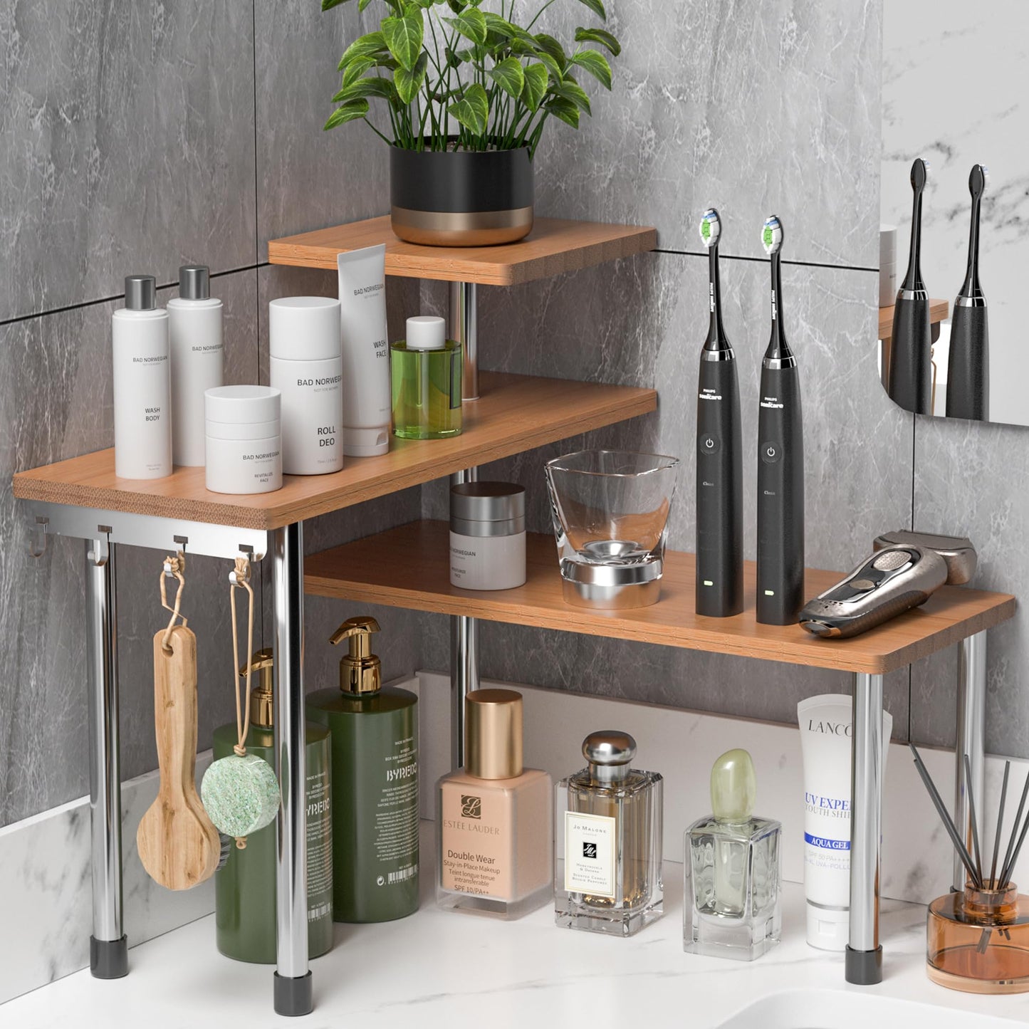 ZHWS Kitchen Countertop Organizer Spice Rack for Salt, Bathroom Counter Organizer Over Sink for Makeup, Skincare, Adjustable 3-Tier Corner Counter Shelf with 4 Hooks for Coffee Bar Dresser Table