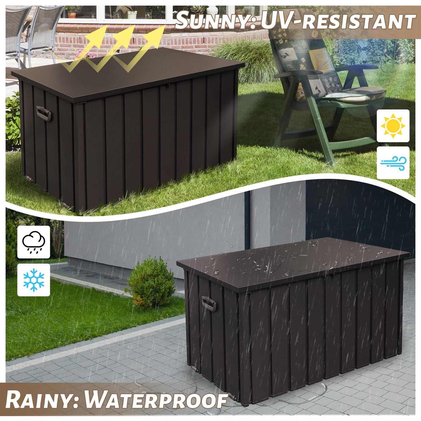 SHPAI 190 Gallon Metal Deck Box, Waterproof Steel Outdoor Box, Large Patio Furniture Storage Cabinet, Lockable Storage Bench for Porch Package Delivery, Pillows, Cushions, Pool, Tools, Backyard, Brown