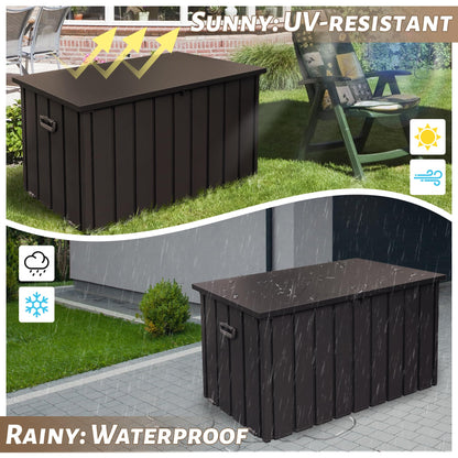 SHPAI 190 Gallon Metal Deck Box, Waterproof Steel Outdoor Box, Large Patio Furniture Storage Cabinet, Lockable Storage Bench for Porch Package Delivery, Pillows, Cushions, Pool, Tools, Backyard, Brown