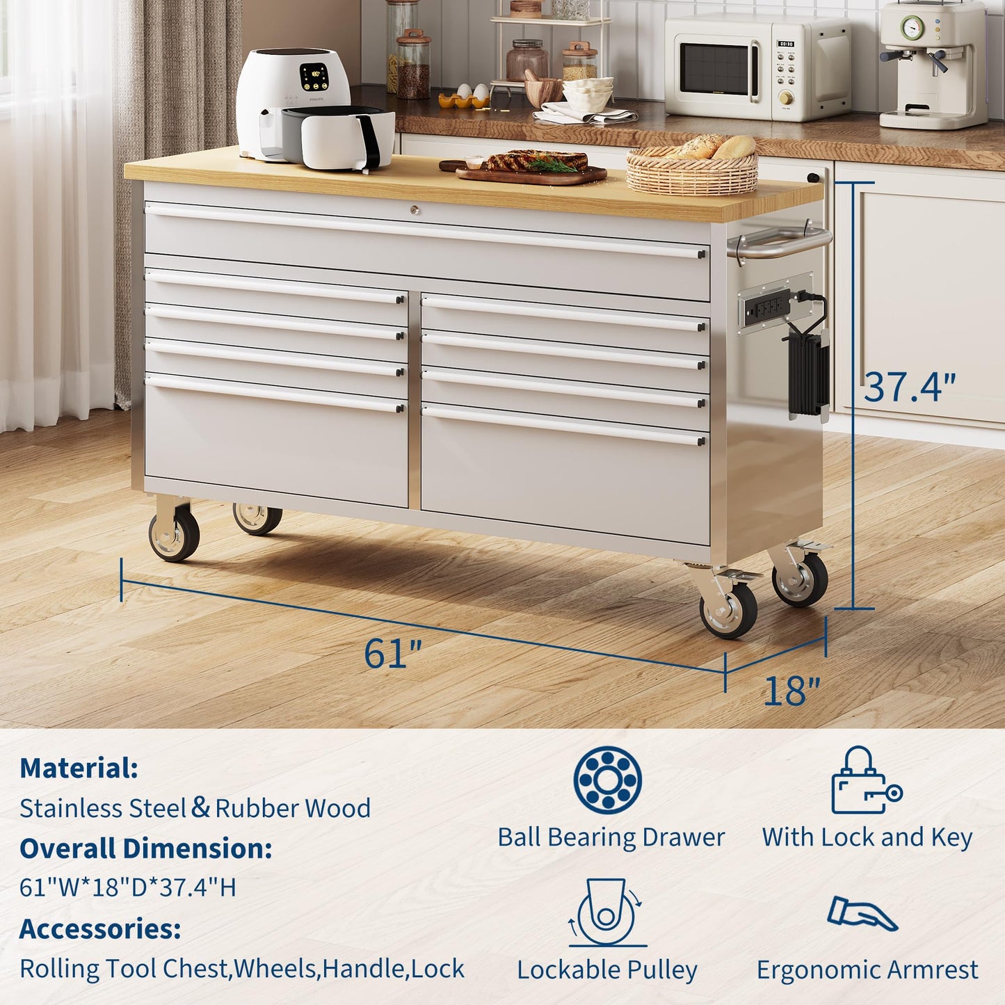 GAOMON 61 Inch Tool Chest, Tool Cabinet with 9 Drawers, Mobile Storage Cabinet with Locking System, Stainless Steel Material and Sturdy Structure, High Capacity for Home Workshop Kitchen and Garage.