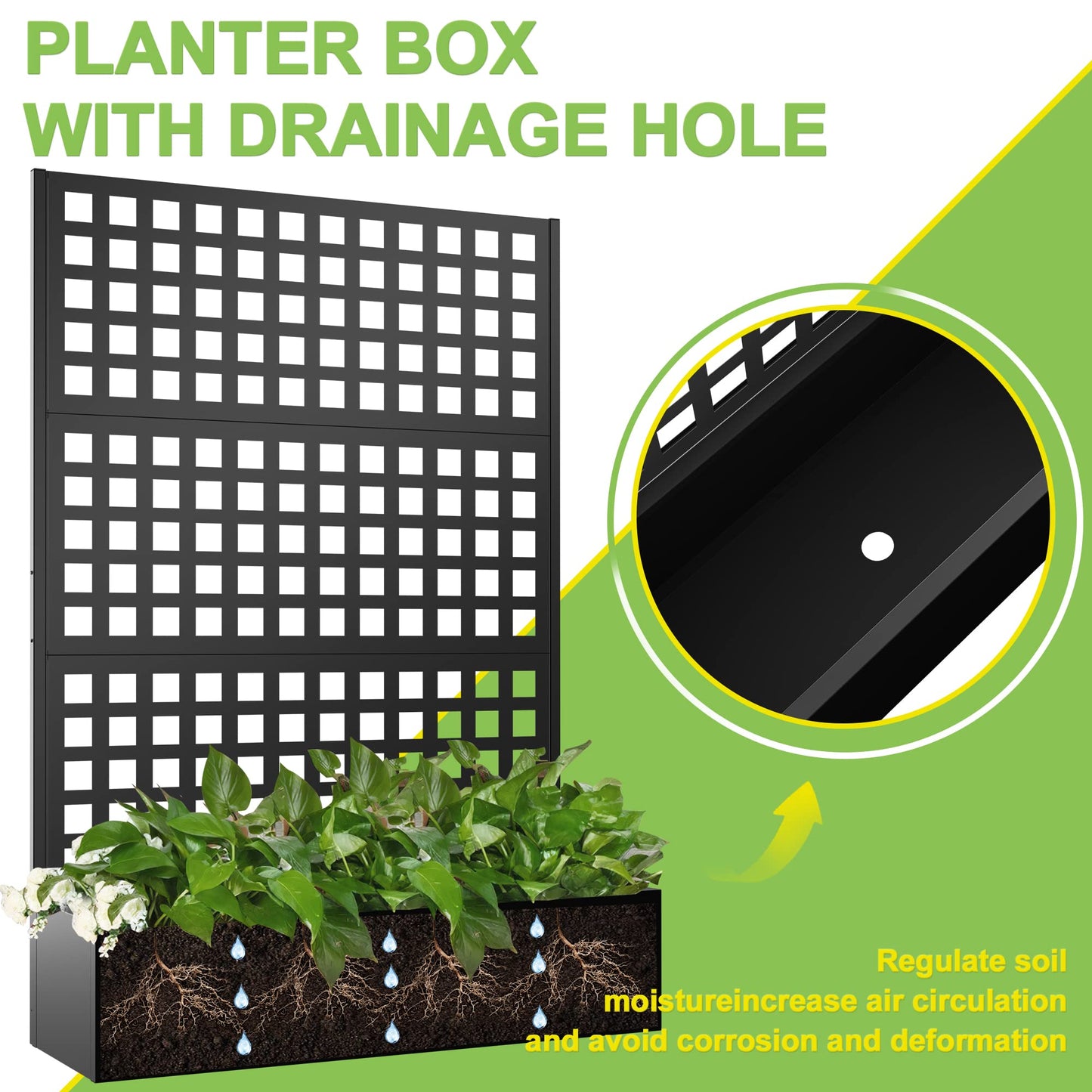 Elevens Metal Planter with Trellis, Trellis with Planter Box & Privacy Screen, Outdoor Raised Garden Bed for Climbing Plants, Trellis Planter Box with Drainage Hole (71"x47"x16")