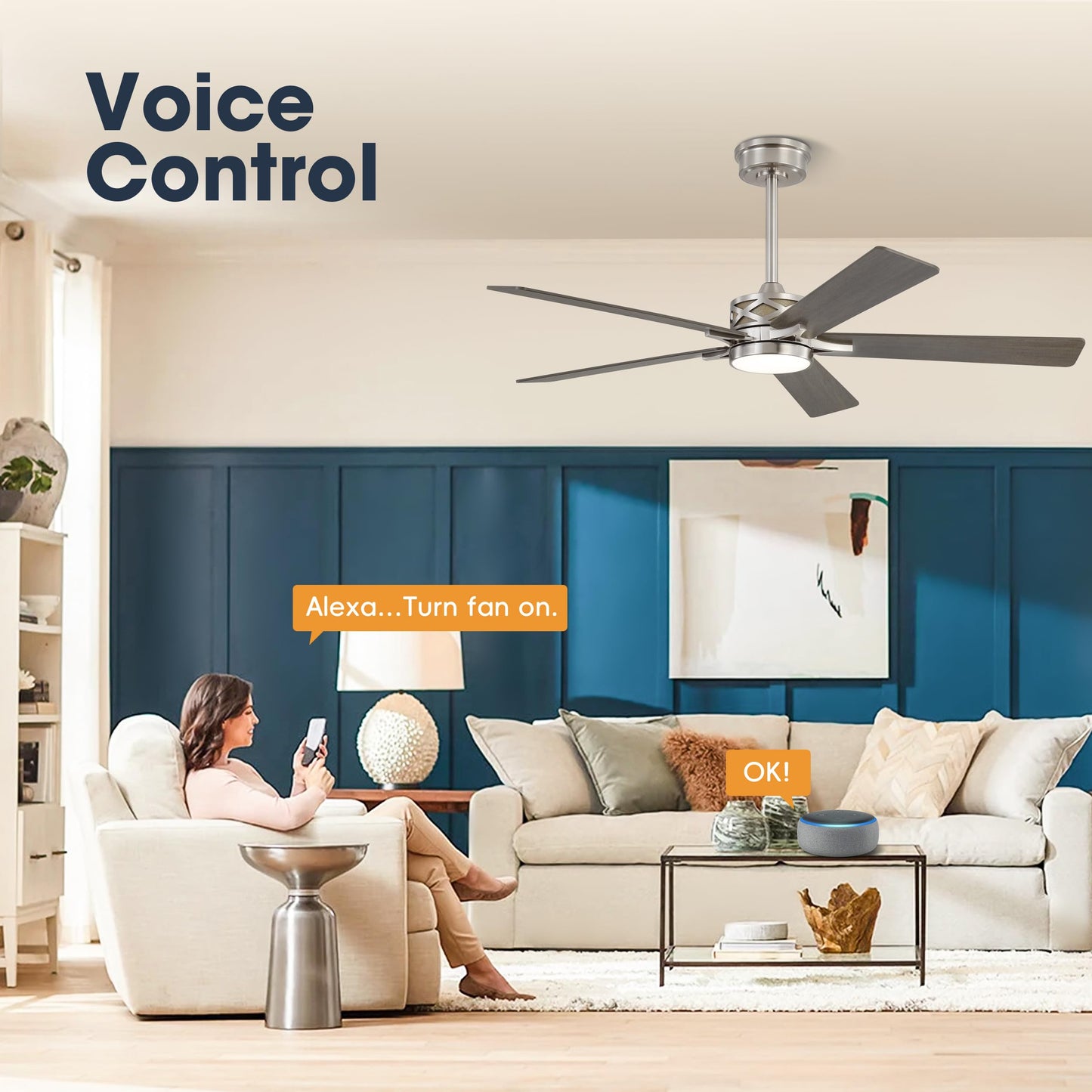WINGBO 60" Smart Ceiling Fan with Lights and 3 Downrods, 5 Plywood Blades, 6 Speeds Reversible DC Motor, Works with Alexa and Google Assistant, 3CCT Dimmable LED Large Ceiling Fans, Nickel and Grey