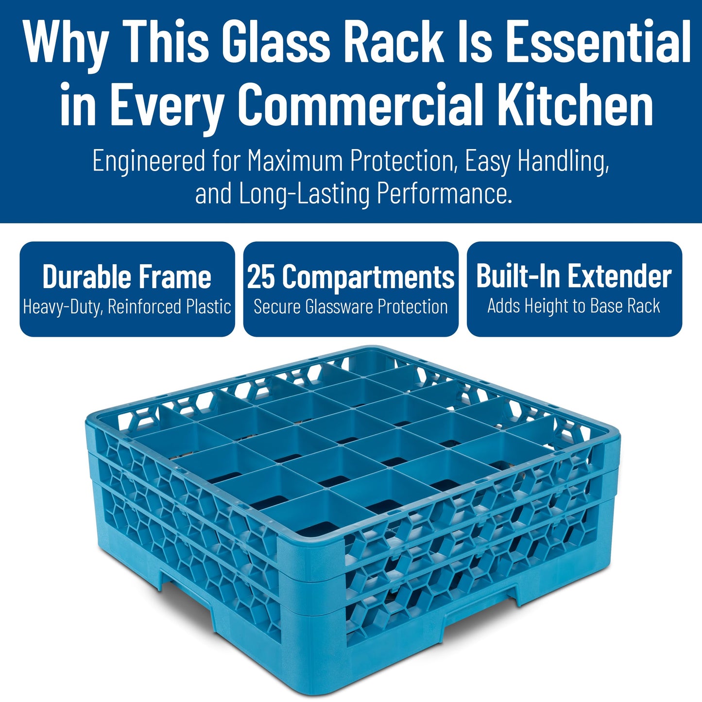 Carlisle FoodService Products OptiClean Plastic 25-Compartment Divided Glass Rack with Extender, Blue, (Pack of 3)