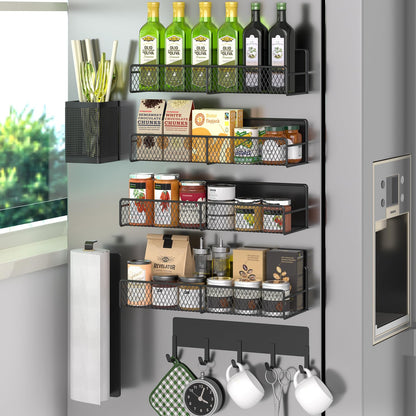 Magnetic Spice Rack for Refrigerator, 6 Pack 100% Metal Strong Magnet Shelf, Space Saving Spice Organizer, Home Kitchen Laundry Room Storage Organization W/ Paper Towel Holder, Utensils Racks (Grey)