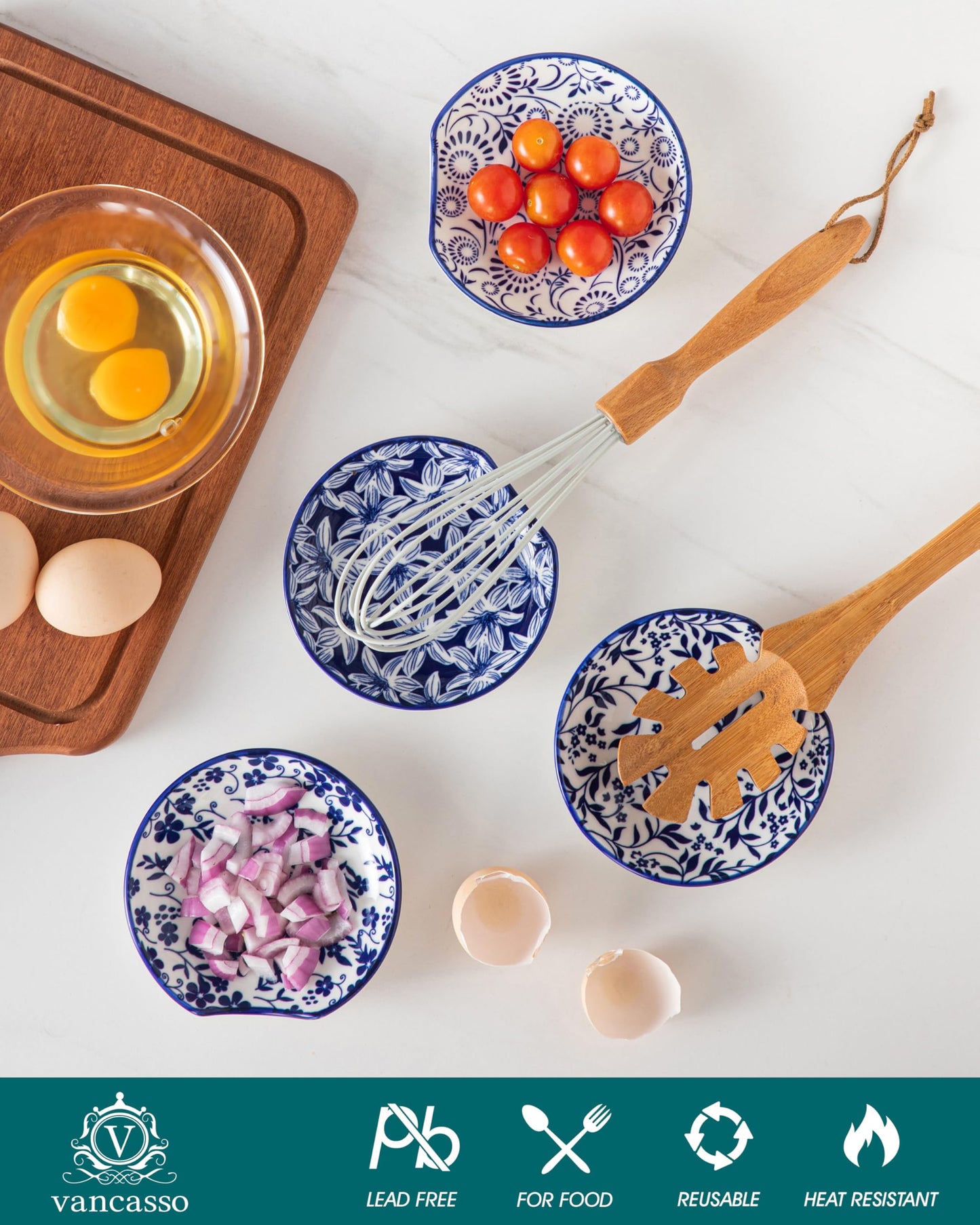 vancasso 6-Pack Ceramic Spoon Rest for Stove Top, Decorative Ceramic Cooking Spoon Holder for Kitchen Counter, 4.8 Inch Blue White Chinoiserie Floral Spoon Rest, Farmhouse Style, Heat-Resistant