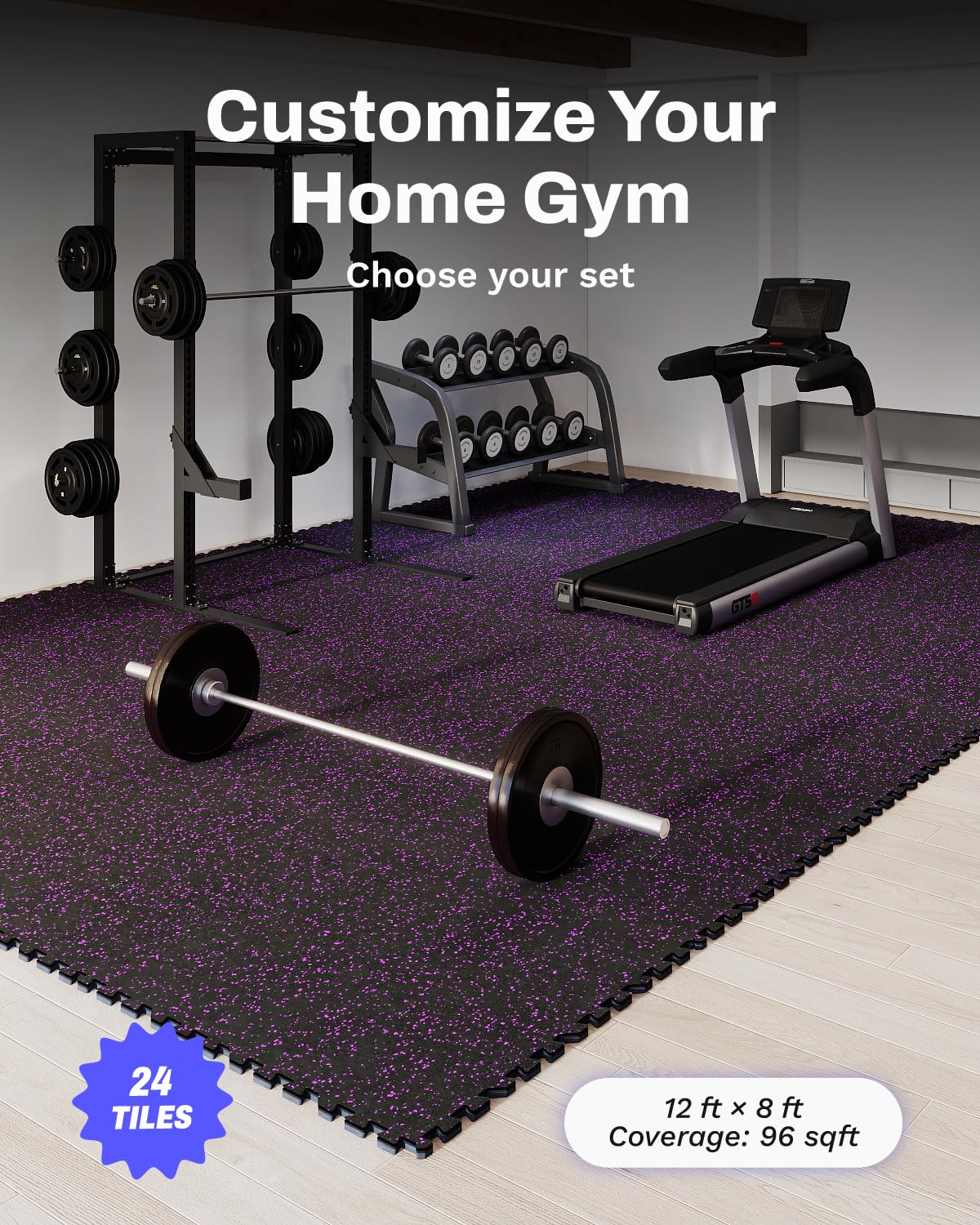 AIRHOP 0.56in Thick 96 Sq Ft Exercise Equipment Mats, 24 Tiles Upgraded Rubber Top with High Density EVA Foam, Large Interlocking Puzzle Gym Flooring for Home Gym, Heavy Weight Workout, 24 x 24in