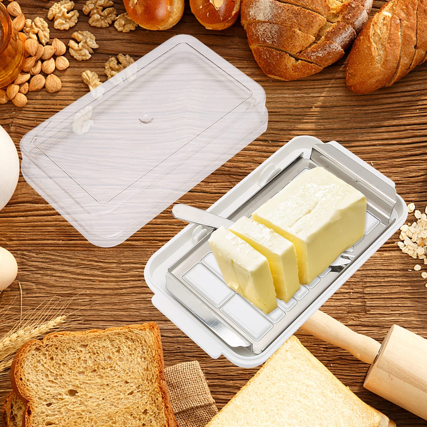 Yosoo Health Gear Butter Slicer Butter Cutter Box Stainless Steel Butter Slicer Cutter Dish, Cheese Storage Container with Transparent Cover for Kitchen, 7.5x4.1x1.6in Easy Cutting Butter Box Case