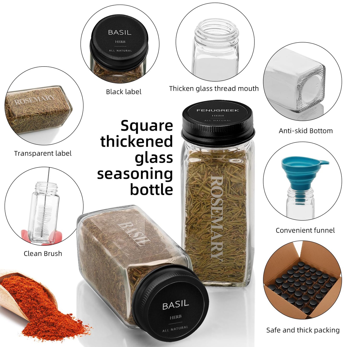 12Pcs 4 OZ Glass Spice Jars with black Metal Caps, Glass Jars with Minimalist Farmhouse Spice Labels Stickers, Collapsible Funnel, Seasoning Storage Bottles for Spice Rack, Cabinet, Drawer (12)