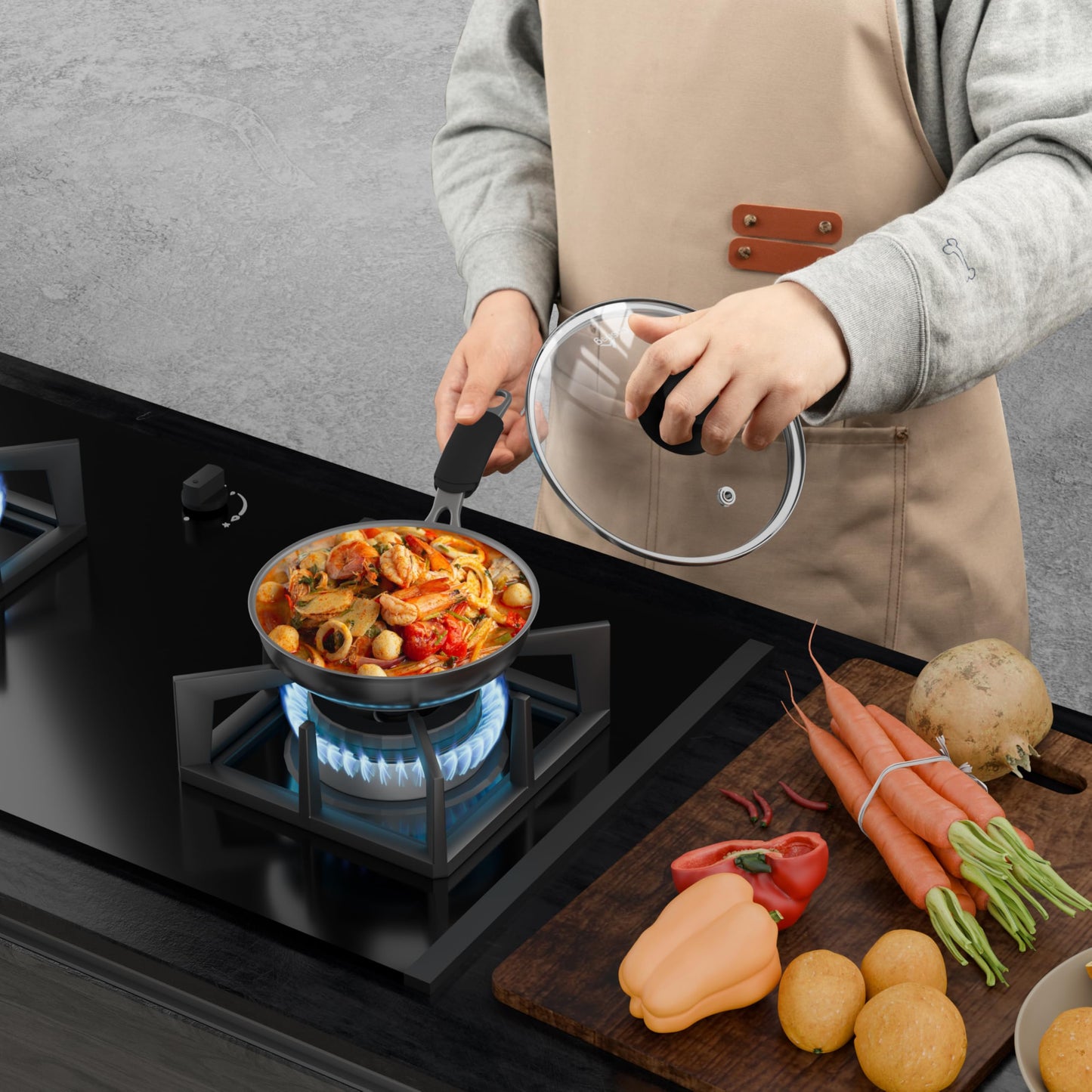 CnSneg 8 Inch Pan Lid For Pots Pans and Skillets, Cast Iron Skillet Lid, Tempered Glass Pan Lids Replacement, Pot Covers for Cooking, Wok, Crock Pot Lid with Stainless Steel Rim, Frying Pot Lids Only