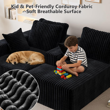 94" Sectional Couches for Living Room, Modular Sectional Sofa with L-Shape Chaise, Cloud Couch, Comfy Flannel Fluffy Couch with Pillows and Side Pockets NoAssembly (Black, Left Facing Chaise-96-inch)