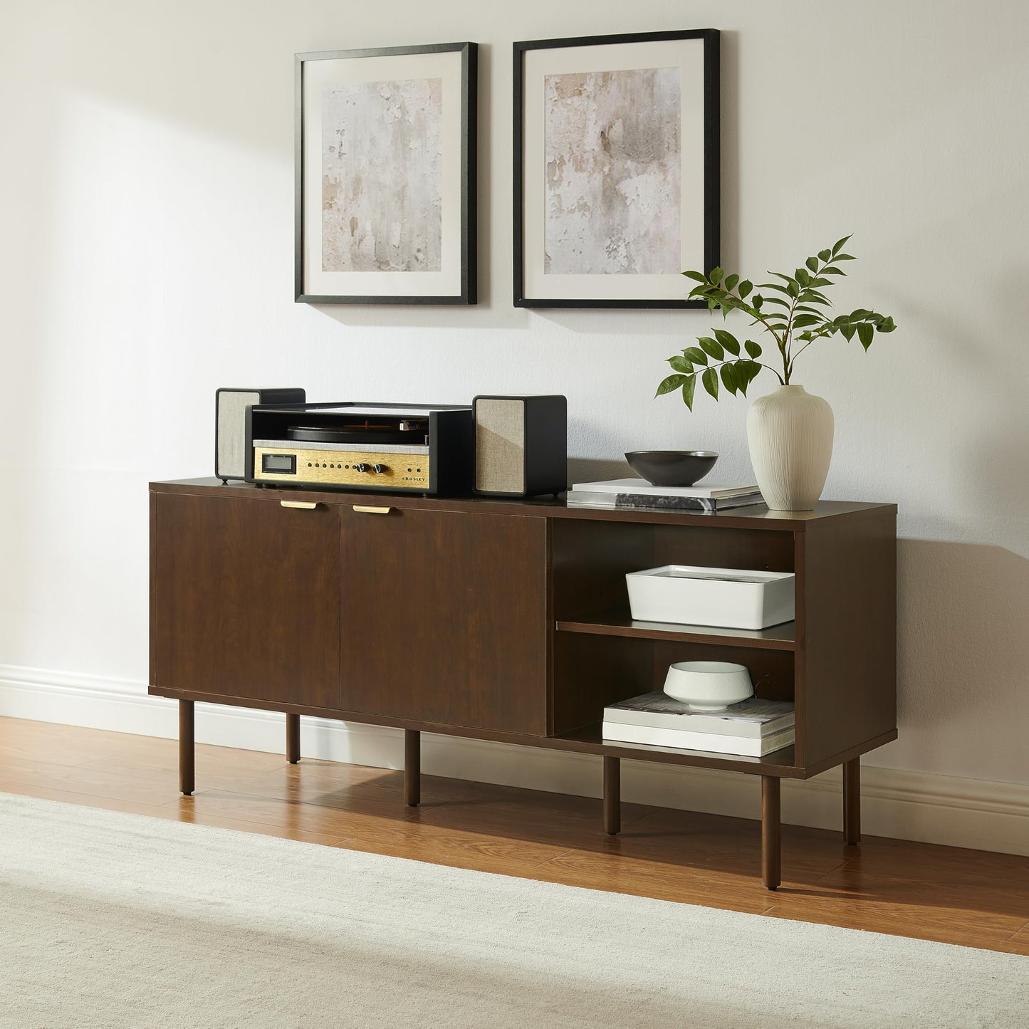Crosley Furniture Brody Vinyl Record Storage Sideboard, Modern Media Console and Cabinet with Shelves, Brown