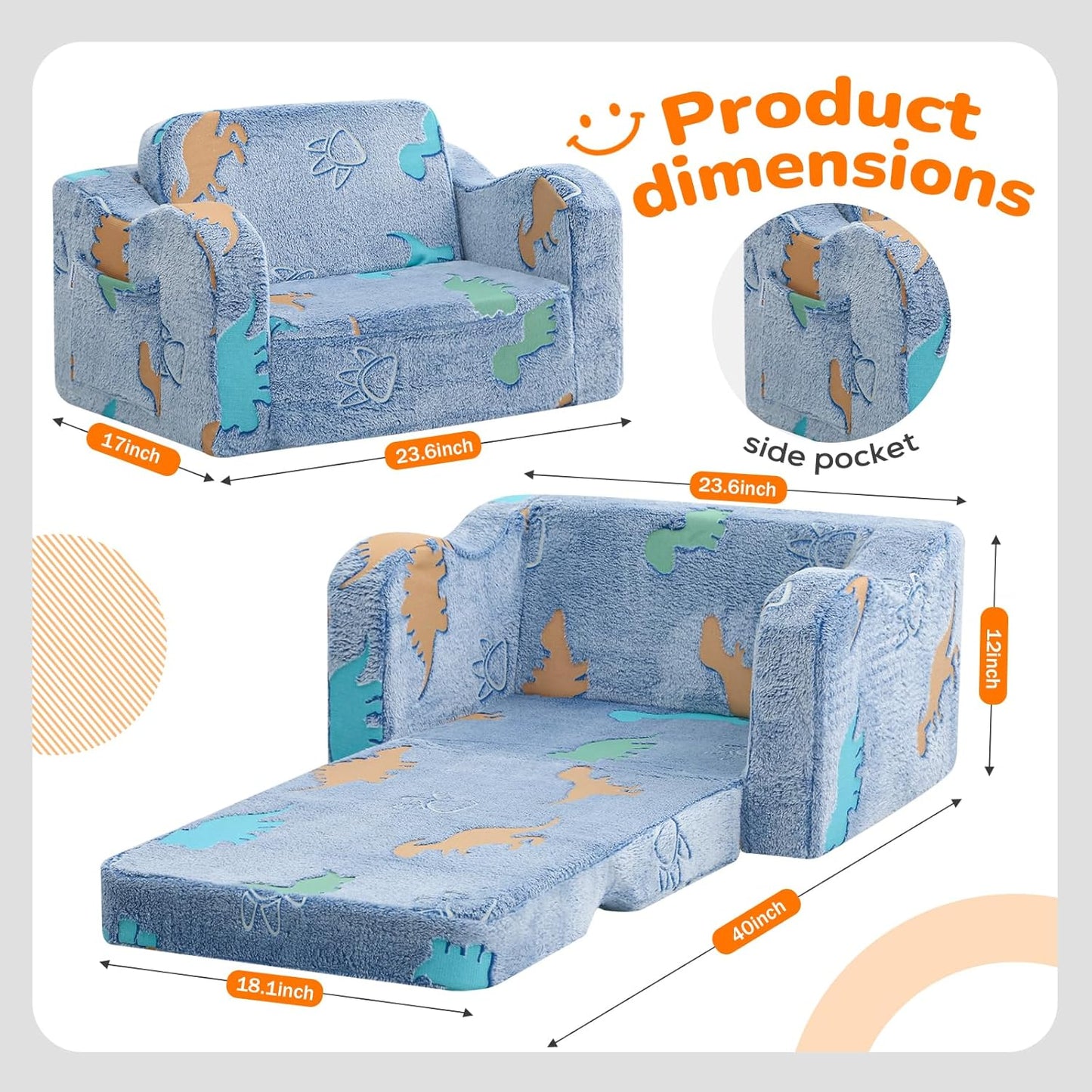 1-3, 2-in-1 MeMoreCool Glowing Dinosaur Kids Chair, Glow-in-the-Dark Kids Couch for Boys Ages Convertible Fold-Out Sofa