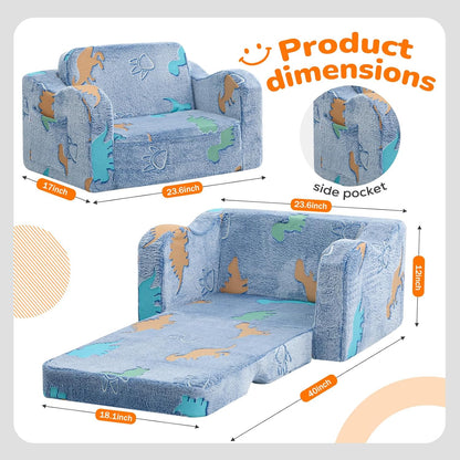 1-3, 2-in-1 MeMoreCool Glowing Dinosaur Kids Chair, Glow-in-the-Dark Kids Couch for Boys Ages Convertible Fold-Out Sofa