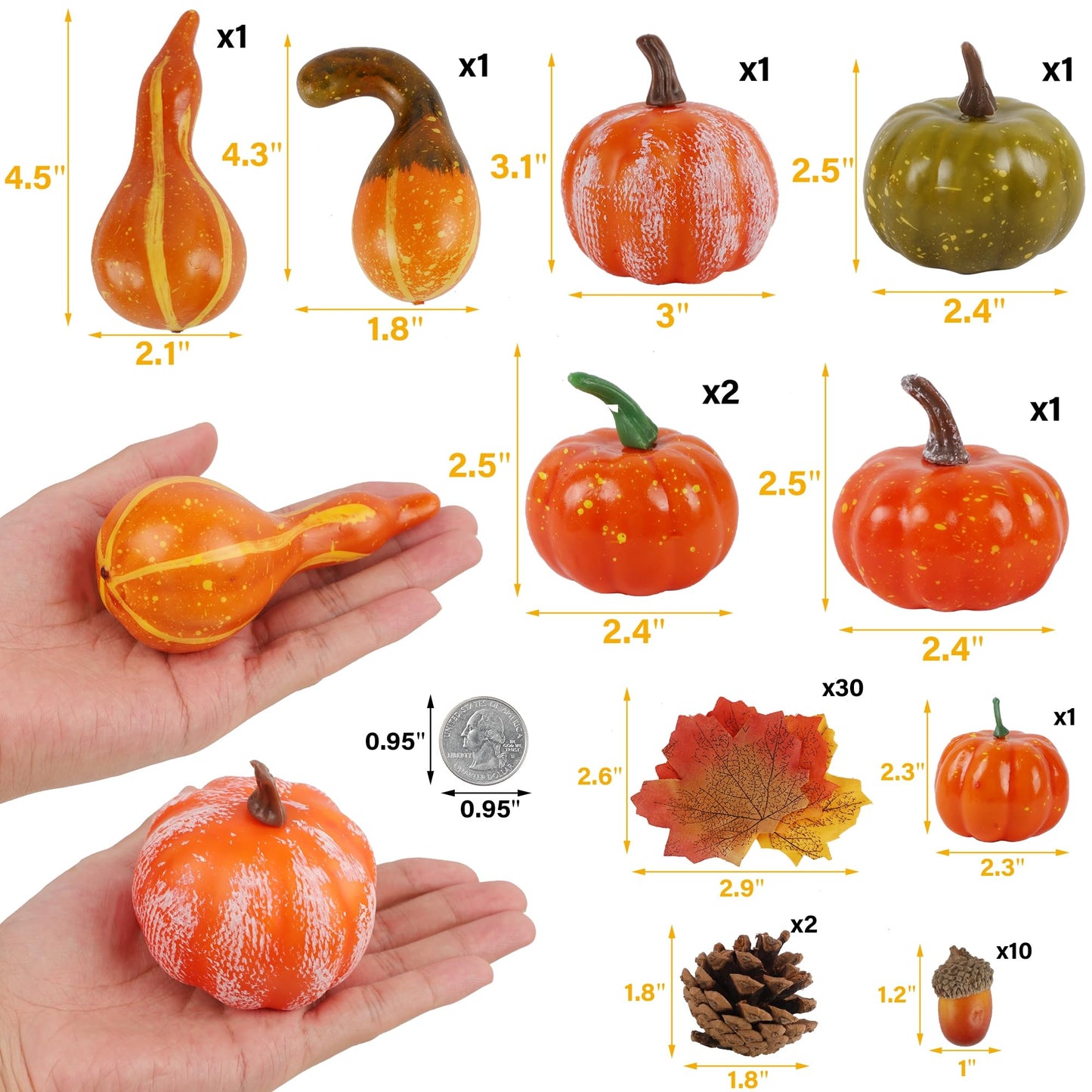 winemana Fall Decorations for Home-6pcs Mini Pumpkins & 2pcs Gourds, 30pcs Leaves & 10pcs Acorns, 2pcs Pinecones Centerpiece Set-Harvest Decor for Table Mantel (Largest: 4.5" x 2.1")