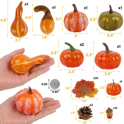 winemana Fall Decorations for Home-6pcs Mini Pumpkins & 2pcs Gourds, 30pcs Leaves & 10pcs Acorns, 2pcs Pinecones Centerpiece Set-Harvest Decor for Table Mantel (Largest: 4.5" x 2.1")