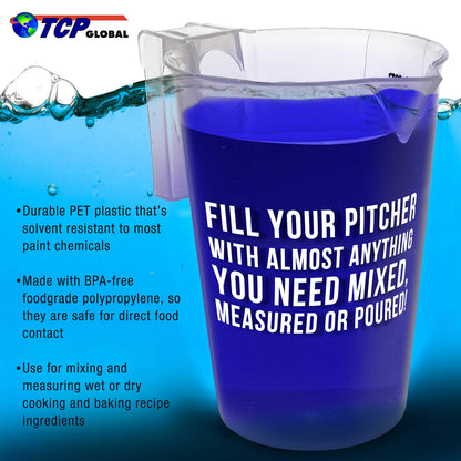 TCP Global 5 Piece Set of Plastic Graduated Measuring and Mixing Pitchers - 500, 1000 Quart, 2000, 3000, 5000 ml Gallon Sizes - Pouring Cups, Measure & Mix Paint, Resin, Epoxy, Kitchen Cooking Baking