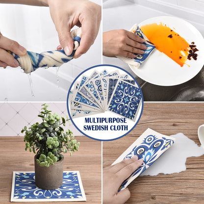 WILLBOND 9 Pieces Blue Style Swedish Kitchen Dishcloths Reusable Absorbent Hand Towels Sponge Cloth for Baking Cooking Kitchen Home Decoration Housewarming Gift
