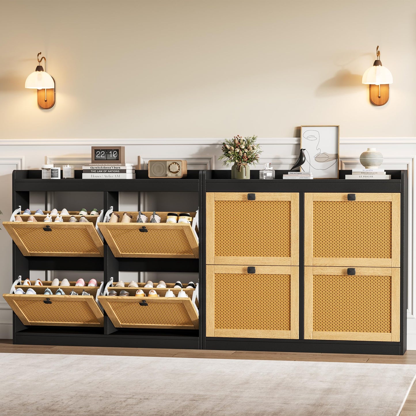 Garvee Shoe Storage Cabinet with 4 Deep Flip Drawers, Wood Shoe Cabinet with Rattan Doors and Adjustable Shelves- Freestanding Shoe Organizer for Entryway, Hallway (Black, 4 Drawers- 2PCS)