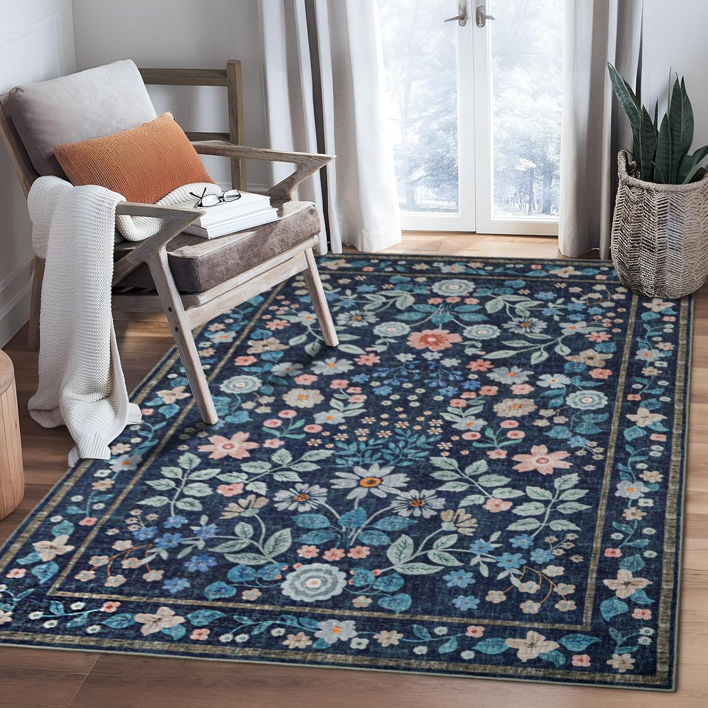5x7 Blue,5'x7' YIHOUSE Blue Area Rug, Washable Bedroom Rug Floral Non Slip Soft, Colorful Flower Throw Carpet