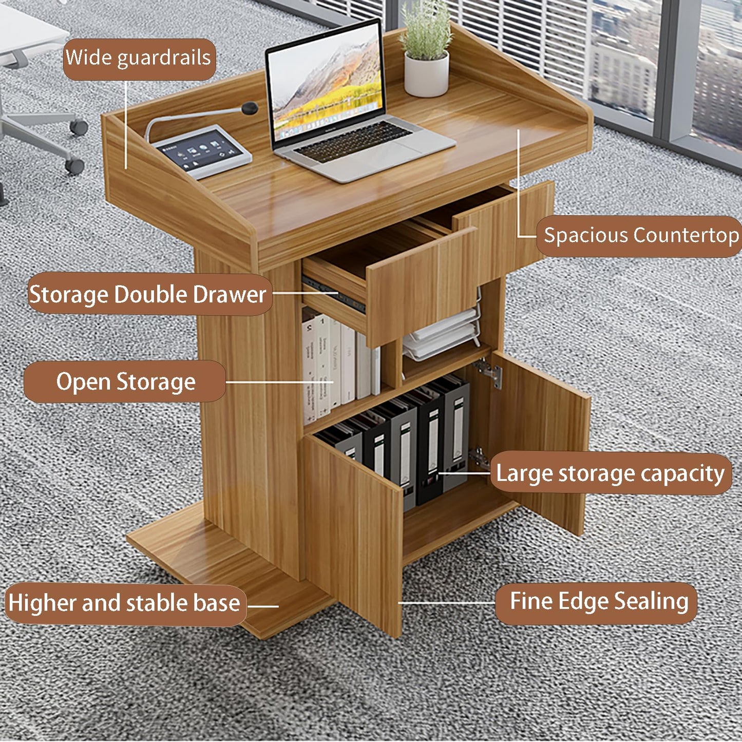 Pulpit Podium Wooden Podium Floor Standing Podiums Teacher Podium Lectern Lecterns & Podiums Church Podium and Pulpits with Wire Holes and Storage (White, L39.4″×W19.68″×H44″)
