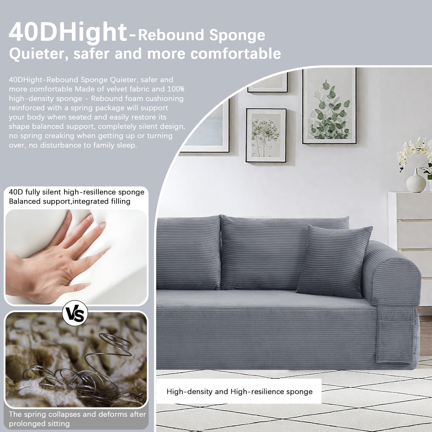 83" Modern Sofa in a Box, No Assembly Oversized 3 Seater 28" Deep Seat Cloud Sofa Bed Couch with 4 Furry Pillows & Corduroy Fabric, Boneless Couch with Side Storage Pockets for Living Room, Dark Grey