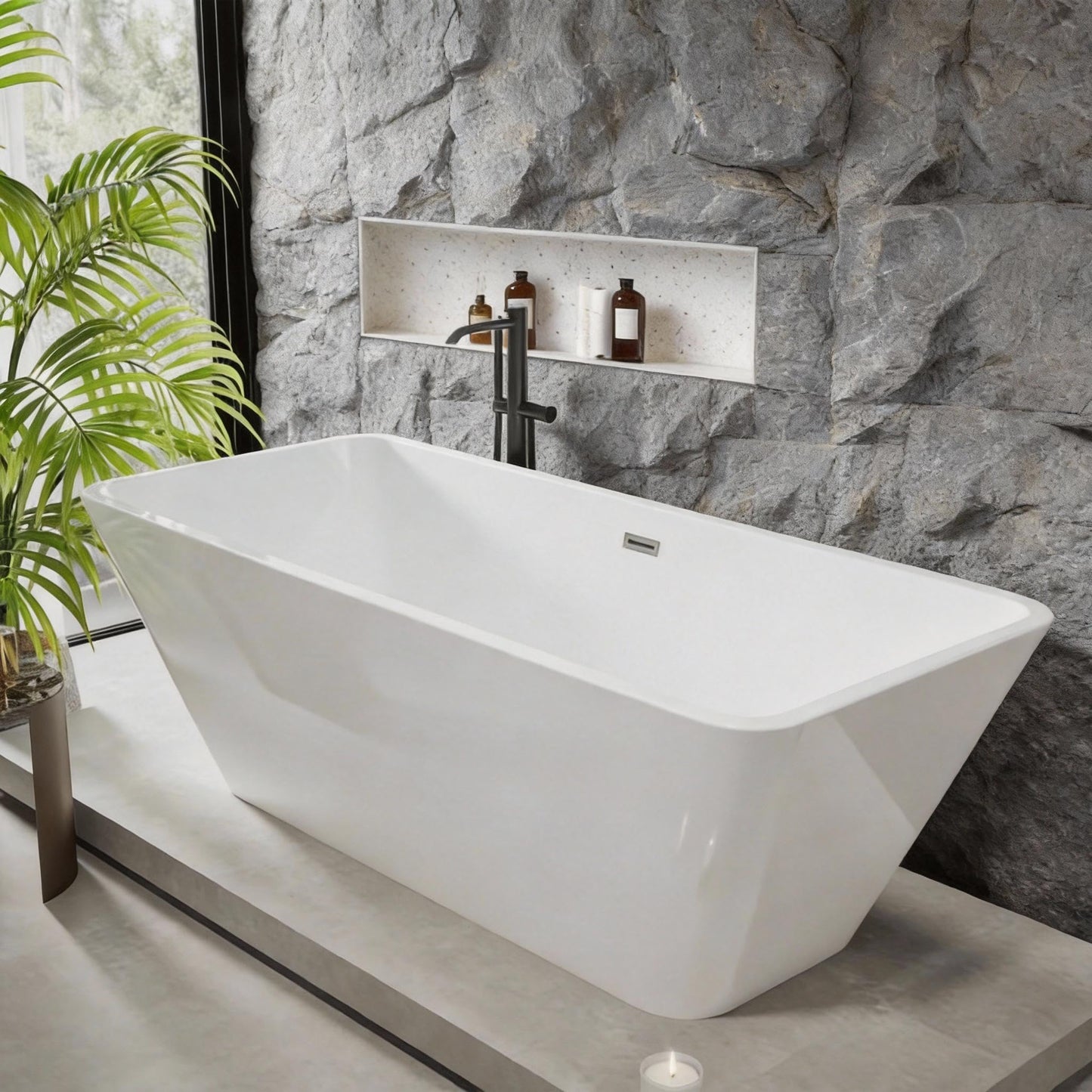 59" Freestanding Acrylic Soaking Tub,Large Freestanding Bathtub with Non-Slip Surface, Overflow and Drain Included, Freestanding Bathtub with Chrome Drain, Deep Stand-Alone Tub for Relaxing Home Spa