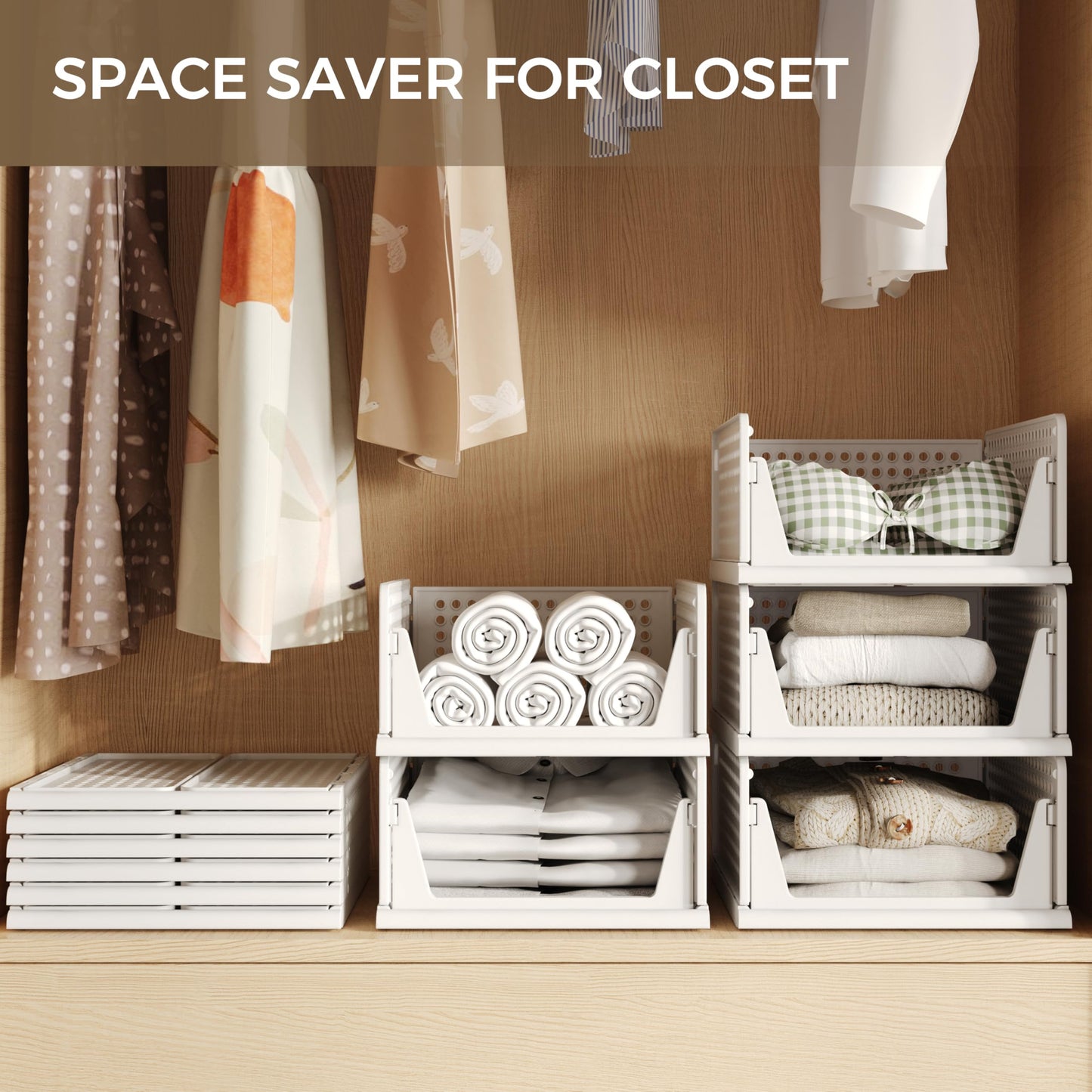 Pinkpum 6 Pack Closet Organizers Storage Bins, Stackable Plastic Drawer Basket for Clothing, Stackable Storage Bins Shelf Storage Container for Closet Wardrobe Bedroom Bathroom Office White