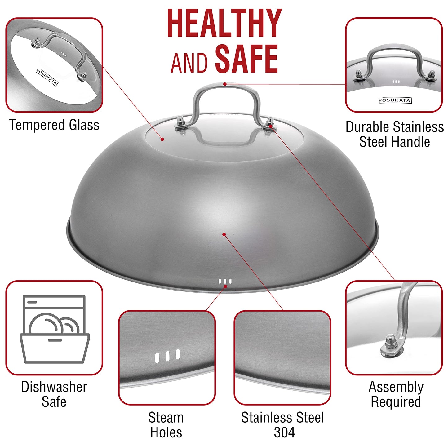 YOSUKATA Wok Lid 13.6 Inch - Premium Stainless Cover with Tempered Glass Insert Steam Holes - Dishwasher-Safe Lid for 14-Inch Wok - Chees Melting Dome for Griddle