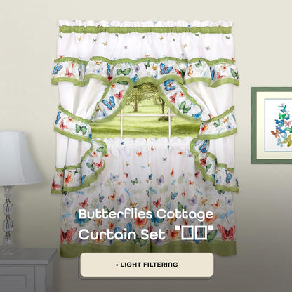 Printed Cottage Window Curtain Set - 57 Inch Width, 24 Inch Length - Green Butterflies - Polyester Soft Treatment