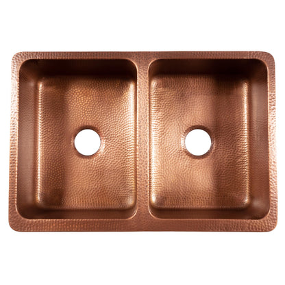Sinkology Lange 32 Inch Farmhouse Copper Sink - Handcrafted Hand-Hammered Solid Pure Copper Double Bowl Apron Front Farm Sink for Kitchen Remodel - Fits 36-Inch Cabinet - Sinkology Everyday Promise