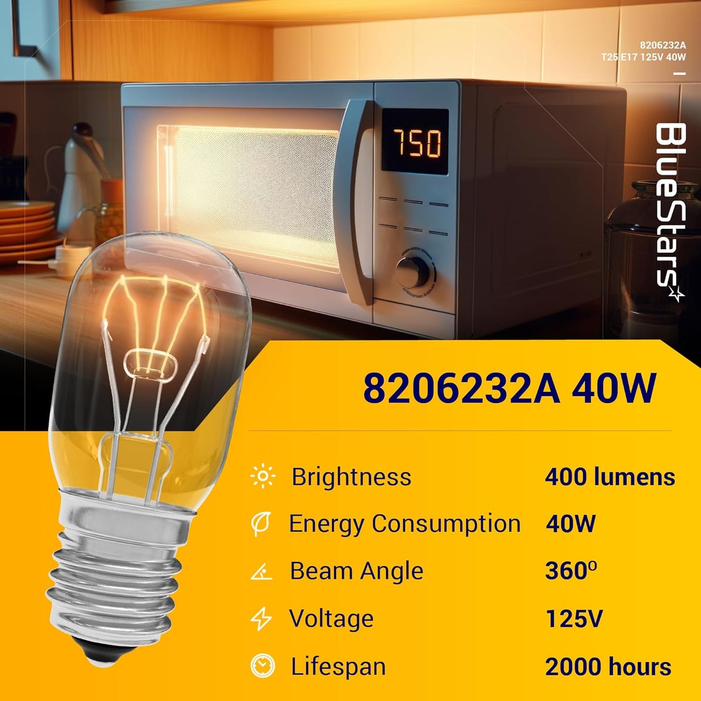 BlueStars 8206232A Microwave Oven Light Bulb, 40W 125V E17 Base, 3 Packs, Compatible with Whirlpool