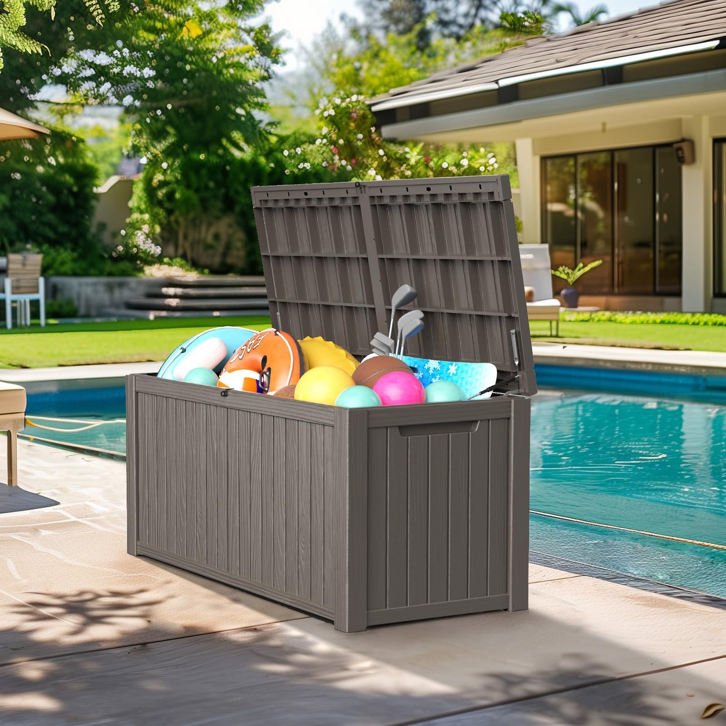 PatioZen 180 Gallon Large Resin Deck Box, Outdoor Lockable Storage Box with Divider for Patio Cushions Storage Furniture, Pool Supplies, Garden Tools, Weatherproof and UV Resistant- Light brown
