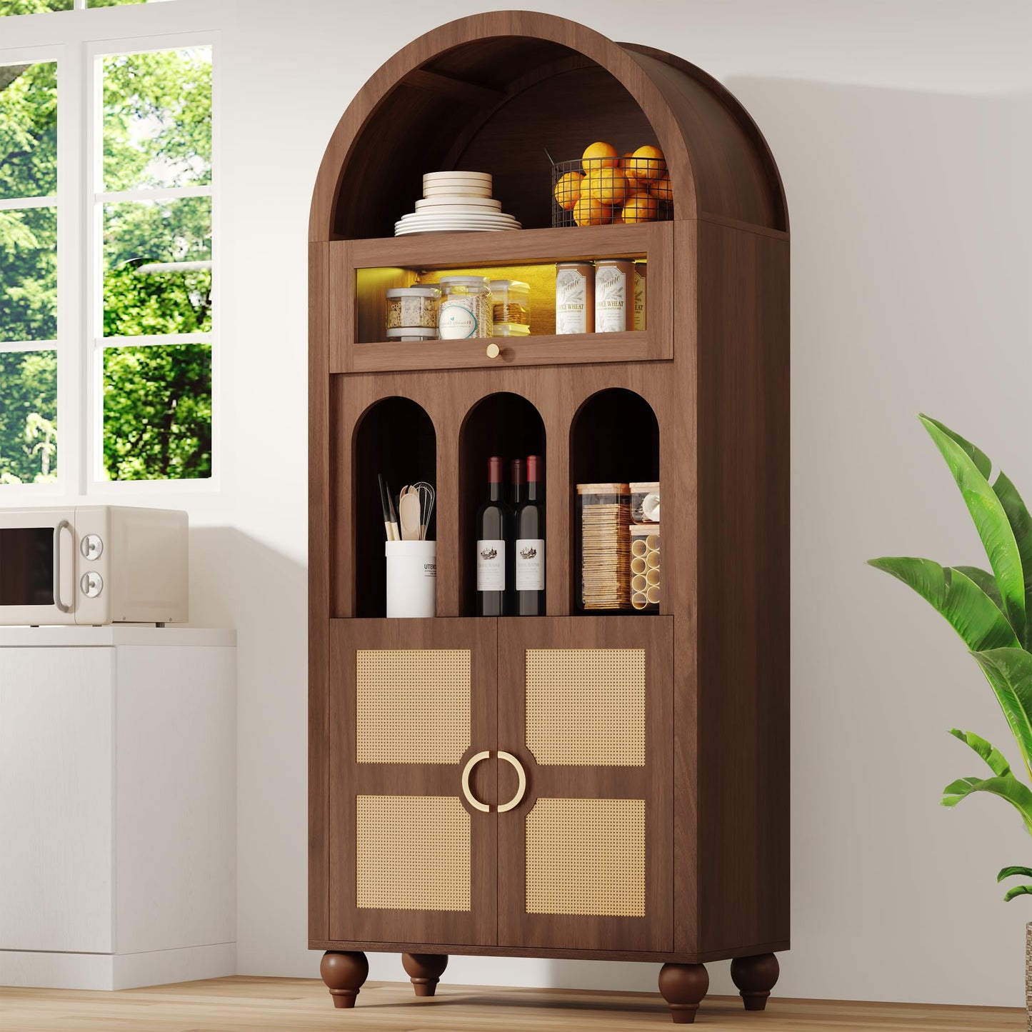 LIKIMIO 72.8" Tall Arched Cabinet, 5-Tier Bookshelf, LED Light Display Cabinet with Glass Doors, Rattan Storage Pantry with Adjustable Arch Shelf for Kitchen, Living Room, Office, Walnut