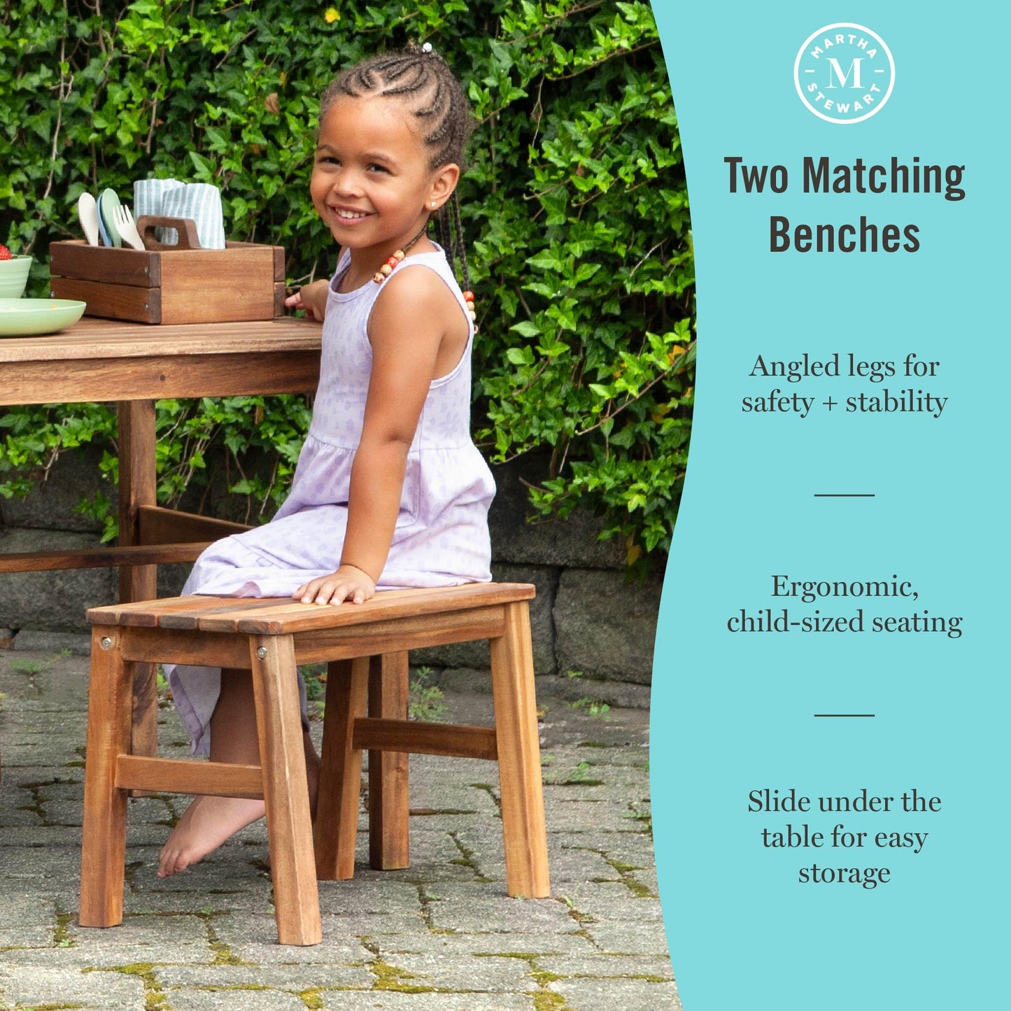 Martha Stewart Kids Outdoor Craft Table and 2 Bench Set: Acacia Wood Activity Desk w/Crate, Caddy, and Storage Shelves | Kids Play & Picnic Table w/Benches for Backyard, Patio, Outdoor Classrooms
