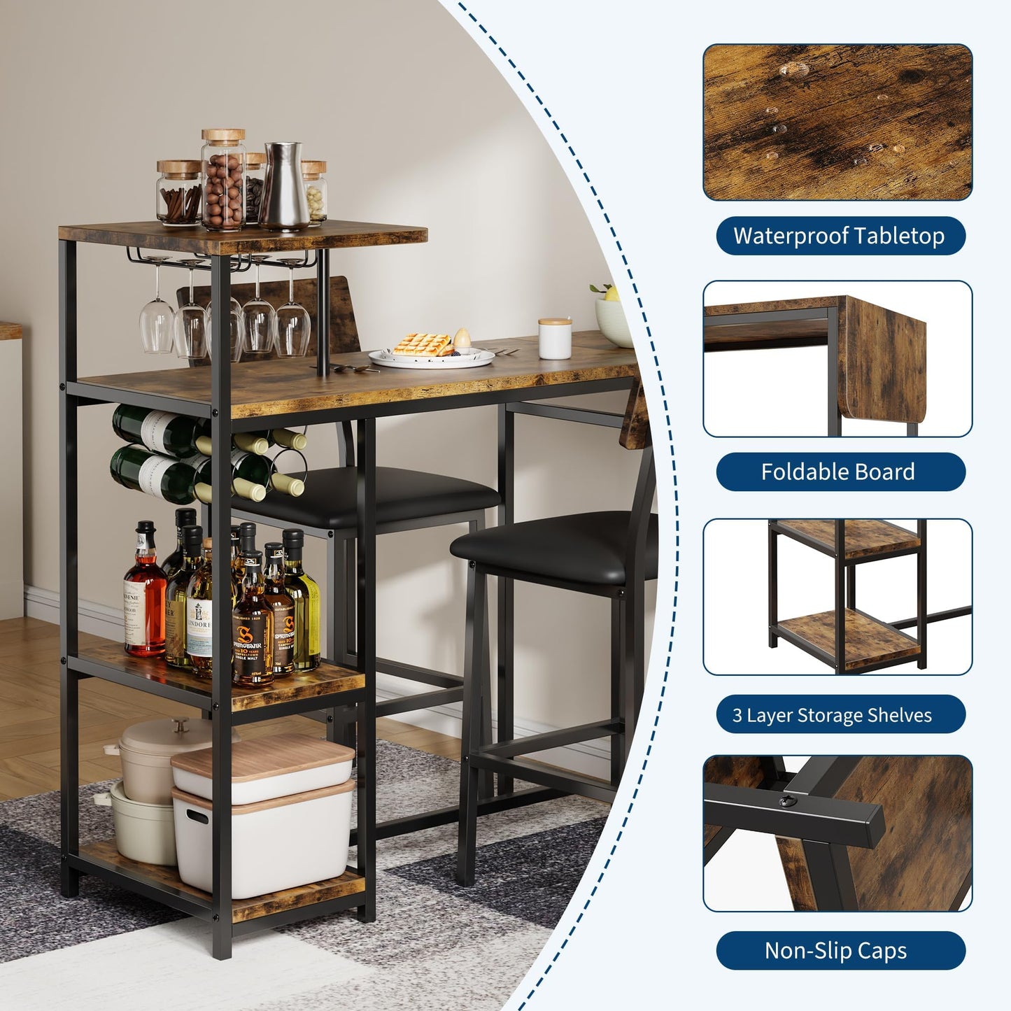 GarveeHome Bar Table and Chairs Set for 2, 3-Piece Bar Table Set with Storage Shelves, Cup Holder & Wine Rack, PU Leather Bar Stools, Small Dining Table for 2 for Kitchen, Breakfast Nook, Brown