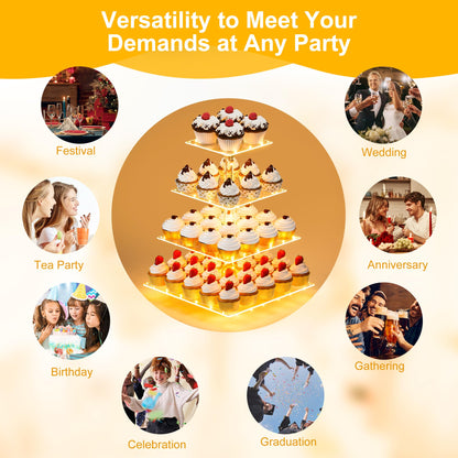 YestBuy 4 Tier Cupcake Stand Acrylic Tower Display with LED Light Premium Holder Dessert Tree Tower for Birthday Candy Bar Décor Weddings, Parties Events (Yellow Light)