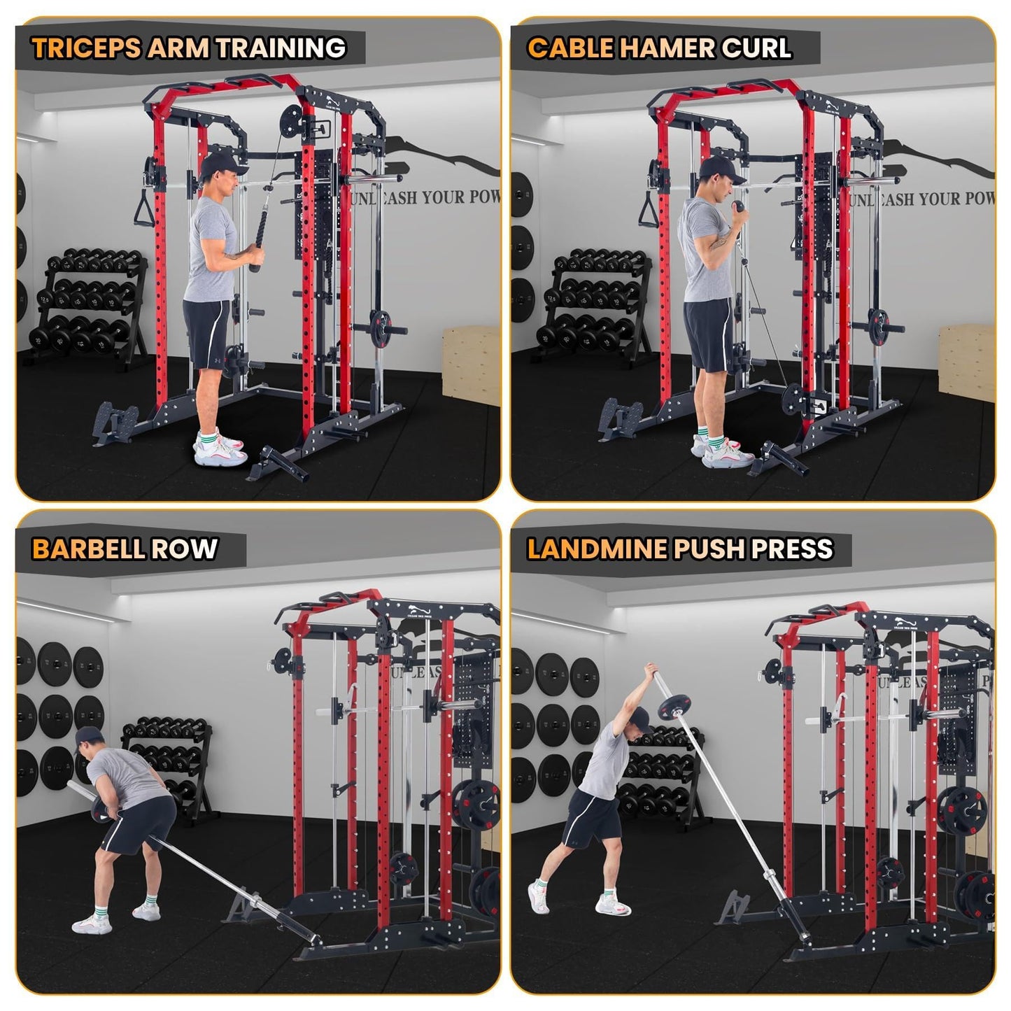 Patikuin Heavy-Duty Power Cage Smith Machine – Multi-Functional Comprehensive Home Gym Rack with Cable Crossover, Dual Pulley, LAT Pulldown, Dip Bars, Tricep Rope – Space-Saving, Black-Red