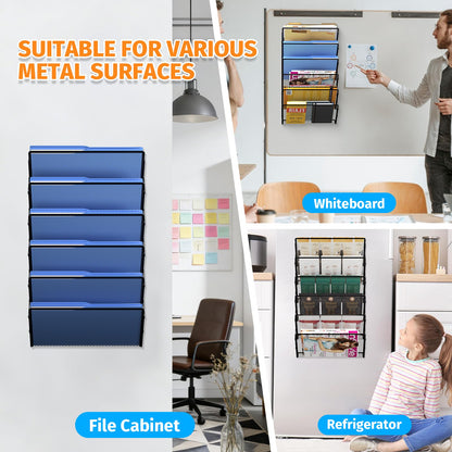 Mogbhw Magnetic File Holder, 6-Tier Foldable No Drilling Magnetic File Folder Holder, Space-Saving Black Magnetic Hanging File Organizer for Whiteboard, File Cabinets, Refrigerator, Office, Kitchen