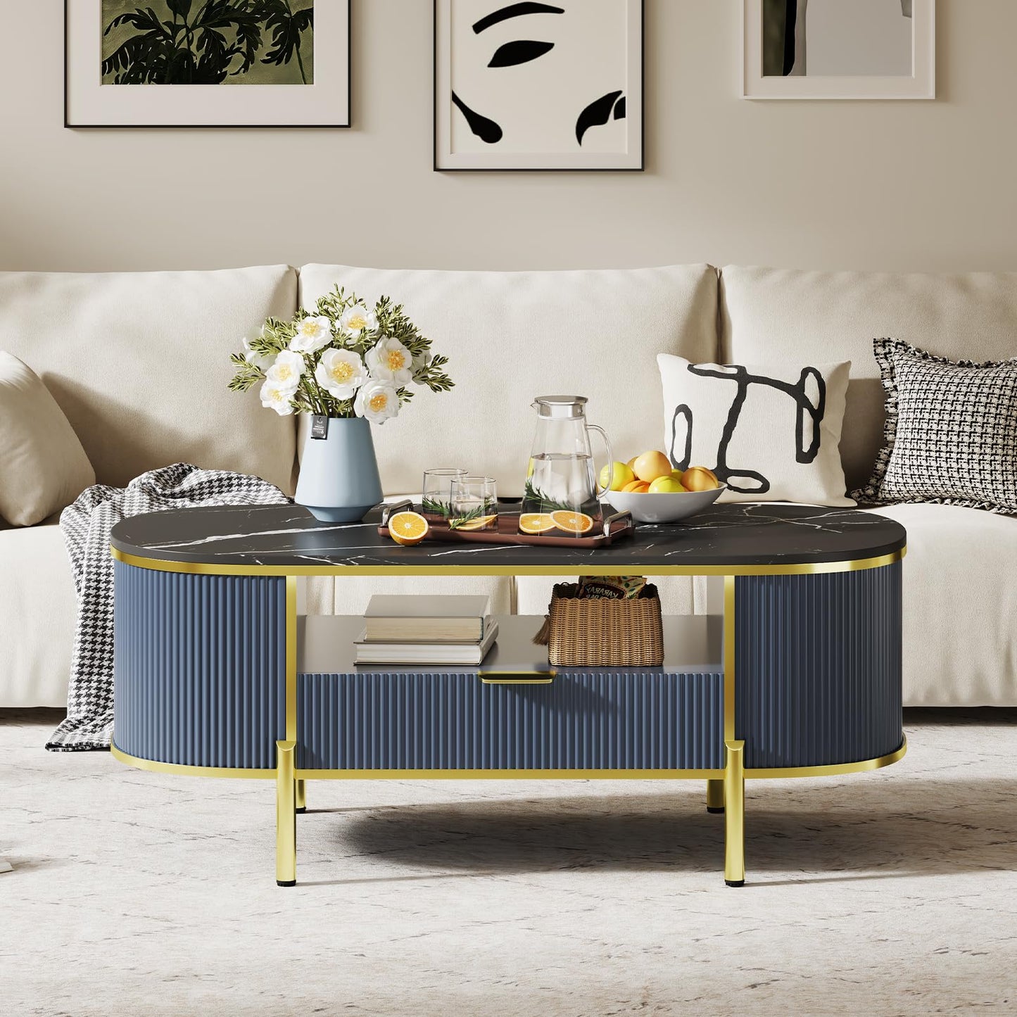 Takywep 48 inch Oval Coffee Table with Drawer, Fluted Modern Faux Marble Top Coffee Table for Living Room, Gold Metal Legs, Center Table for Lounge, Navy Blue
