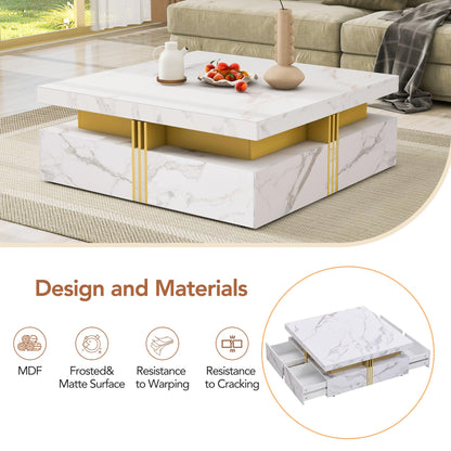 Merax Modern White and Gold Square Coffee Table with 4 Drawers, Ample Hidden Storage, Durable MDF Construction, Sleek Accent End Table for Living Room, Lounge, and Apartment Decor, White